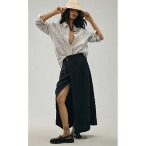 Anthropologie Size 8 Navy Blue Skirt Striped Button Up 100% Linen Coastal Chic